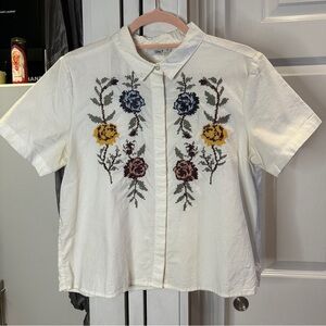 Boxy White Cropped Top Button Up Embroidered Floral Cross Stitch Collared Small